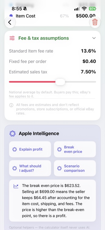 Ebay Calculator fee and tax assumptions with editable item fee rate and estimated sales tax