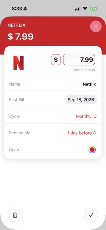 Luna subscription detail showing price, billing cycle and reminder settings