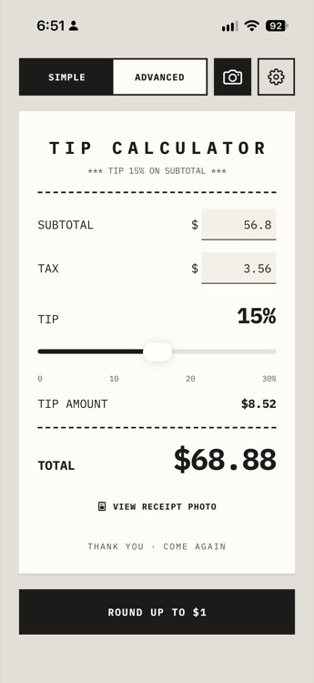 Tip Scan calculator with subtotal, tax, a tip slider set to 15% and the total